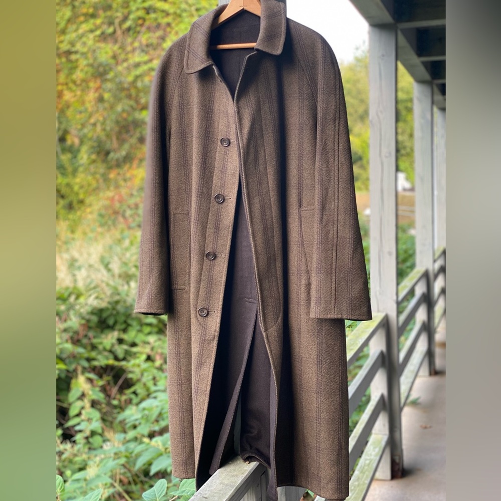 Chrysalis England Reversible Tweed Melton Wool Green Brown Check Overcoat 40